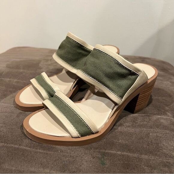 Kelsi Dagger Size 7.5 Canvas Block Stacked Heel Sandal Olive Green Slide - Picture 1 of 5